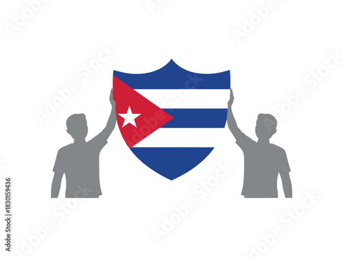 Two men raise a shield with the cuban flag, representing cuba, its culture, and people.