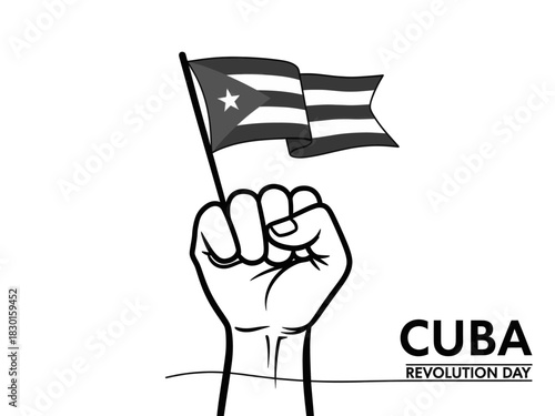 Cuba revolution day vector with hand holding waving cuban flag in black and white.