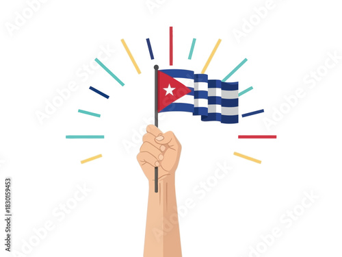 Raised fist holding the national flag of cuba with colorful rays on a white background.