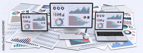 ビジネス資料とデータを表示したパソコン
