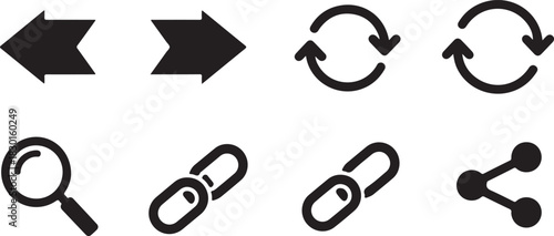 Solid black UI/UX navigation icons on stark white background featuring back and forward arrows, refresh symbol, zoom tools, link chain, share icon in crisp vector silhouette style