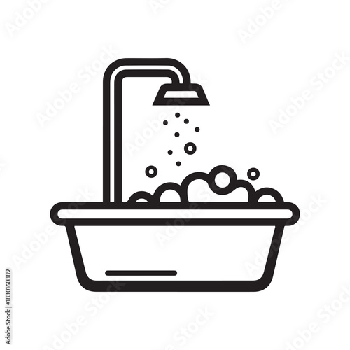 Bathtub with Shower Head and Bubbles Line Art Icon
