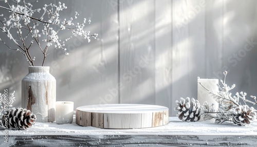 눈 덮인 솔방울과 우드 받침대의 러스틱 겨울 데코 ustic Winter Decor with Snowy Pinecones and Wooden Stand 