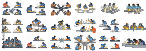 Set of Cartoon Welders Working on Steel Structures, Construction Workers Performing Arc Welding in Safety Masks and Protective Gear