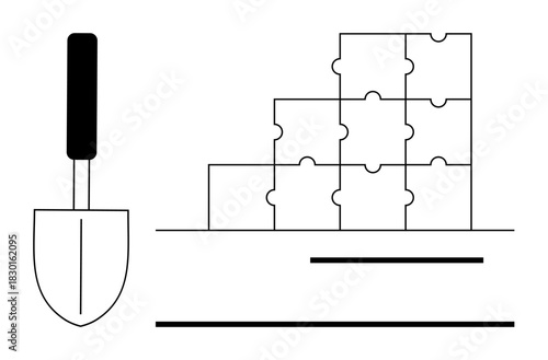 Construction concept. Construction tools and geometric bricks arranged in a puzzle-thumbs up formation highlight structured building processes. Ideal for architecture, masonry, education, teamwork