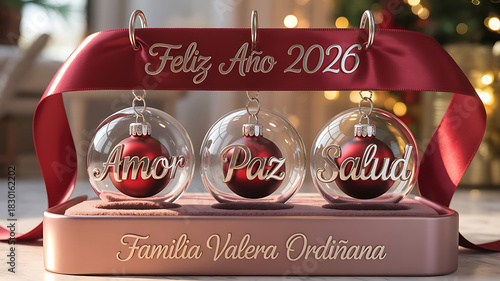 Feliz Año 2026 Spanish New Year Greeting with Glass Ornaments