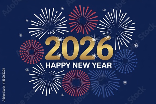 New Year 2026 Celebration Fireworks Design Gold Typography Vector Illustration for Greeting Cards Invitations and Party Decorations