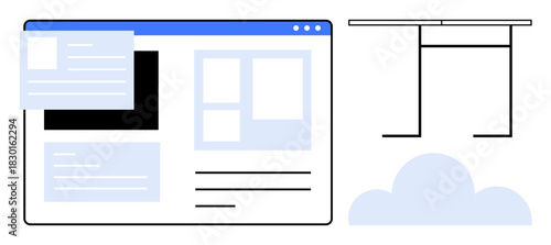 Website layout showing sections with a popup window, a cloud shape, and a table outline. Ideal for technology, web design, UIUX, internet, cloud computing innovation modern workflow. A simple flat