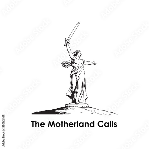The Motherland Calls statue illustration logo vector in heroic monumental style representing history victory memorial art culture and iconic landmark sculpture design