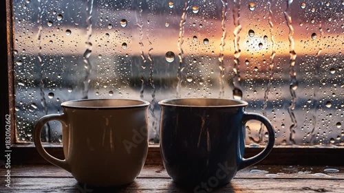 Two Steaming Mugs on a Rainy Day Window Sill at Sunset
