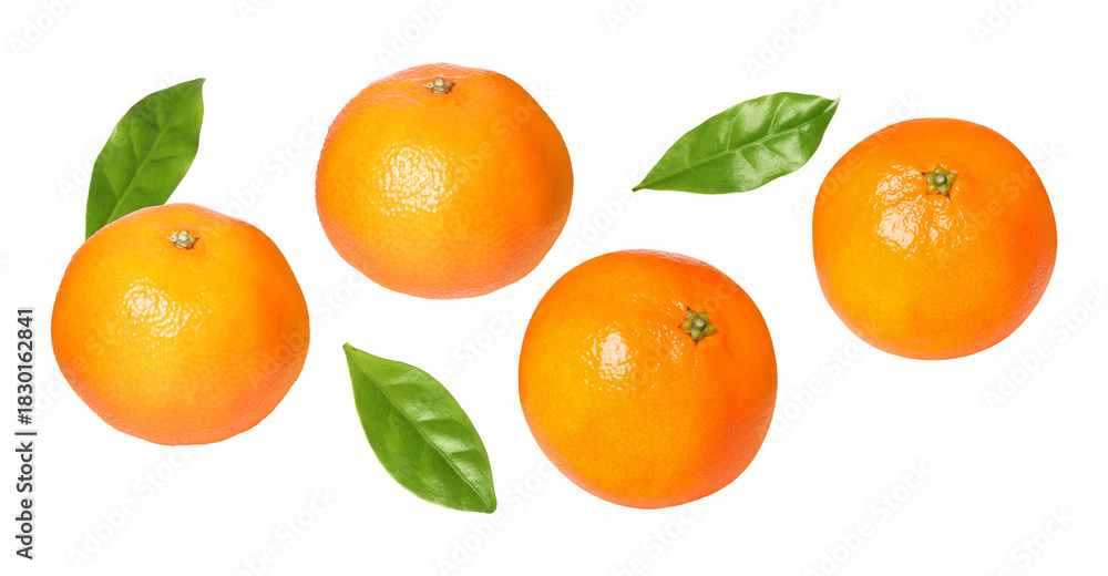 Fototapeta premium Fresh tangerines and green leaves falling on white background. Citrus fruit