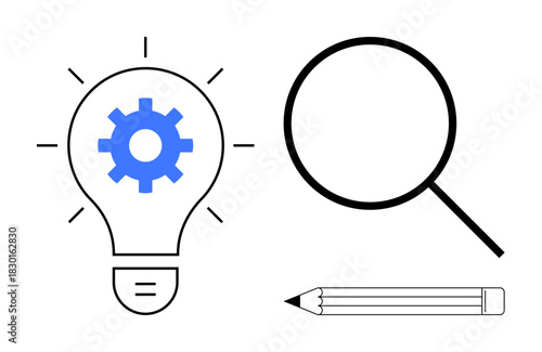 Lightbulb with gear symbol, magnifying glass, and pencil emphasizing creativity, innovation, analysis, research, problem-solving, brainstorming and strategic thinking. Simple flat metaphor