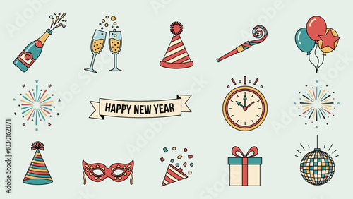 Festive new years eve icons for celebration and decoration on light background