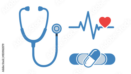 Medical icons set with stethoscope, heartbeat, and pills