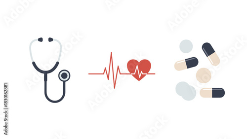 Stethoscope, heart beat and pills for healthcare