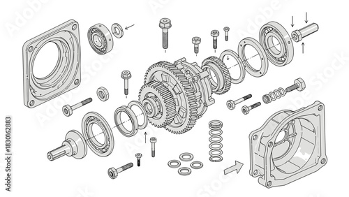 Exploded view of a mechanical assembly