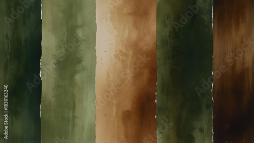 Textured paper surfaces created with earthy natural tones of green and brown watercolor wash background