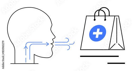 Profile head exhaling arrows toward a medical bag with a cross. Ideal for health, respiratory care, medicine, online shopping, healthcare services, treatment, recovery. Simple flat metaphor