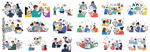 Collection of illustrations showing diverse graphic designers collaborating on digital projects, utilizing color palettes, vector art, and drawing tablets.
