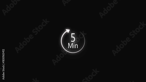 Circle countdown timer one minute animation from 5 to 0 second animation on black background. On transparent background with Hollywood movie countdown going from 5 to 0 in  a countdown.