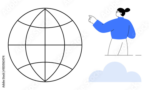 Person pointing beside wireframe globe, representing networking, communication, connection, exploration, planning, creativity, technology. Ideal for global business strategy future vision adapting