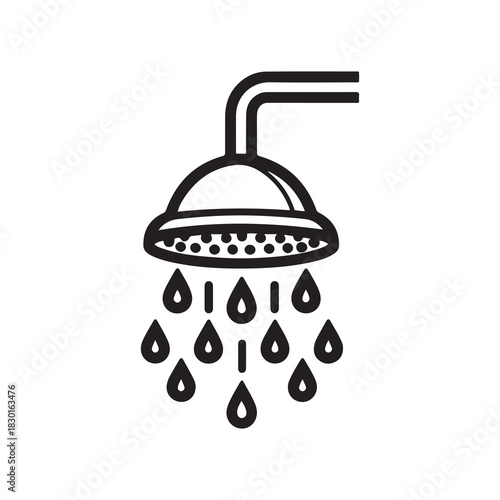 Minimalist Line Art of a Shower Head with Water Droplets