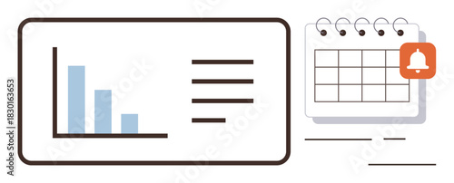 Bar graph, list chart, calendar with highlighted alert bell. Ideal for planning, productivity, data tracking, workflow, organization, time management simple flat metaphor