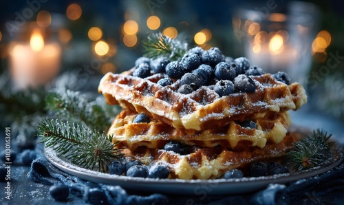 Stack of fresh waffles with blueberries and powdered sugar, creating a festive winter breakfast or dessert scene with candlelight