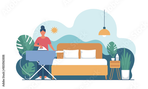 Woman ironing clothes in a cozy bedroom with plants, creating a neat and inviting atmosphere for relaxation and comfort, home chores, daily life