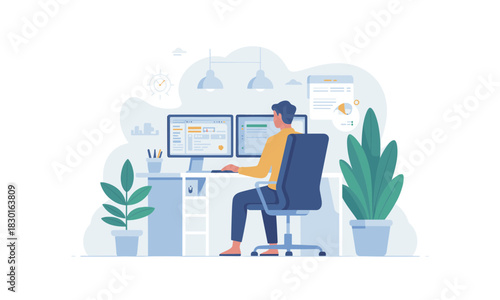 Modern professional working from home setup with dual monitors for enhanced productivity and focus, creating a comfortable work environment for success