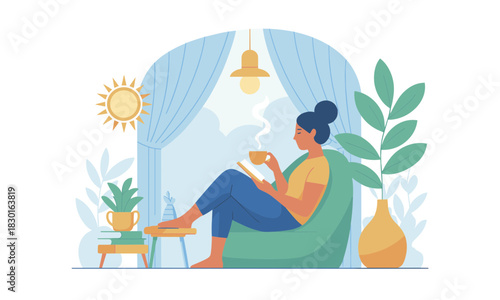 Relaxing indoor scene of a woman enjoying coffee and reading, perfect for cozy lifestyle blogs or articles about self-care and mindful living at home