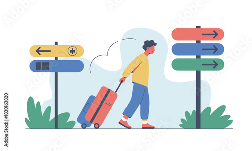 Traveler cheerfully navigates with luggage past colorful signposts, showcasing wanderlust and adventure for travel blogs and tourism campaigns, originally a vector