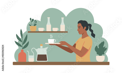 Stylish woman serving fresh coffee in modern, minimalist kitchen, perfect for lifestyle blogs, wellness brands, and promoting cozy home environments