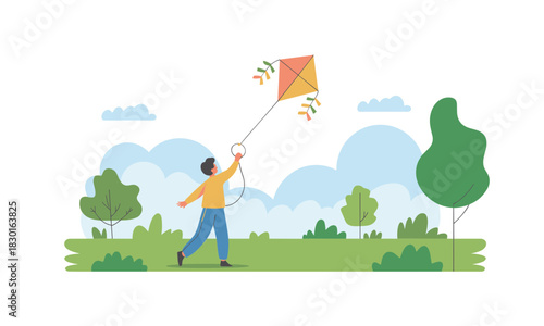 Joyful moment with colorful kite soaring in the park, a nostalgic scene of carefree childhood fun, ideal for family-friendly projects and outdoor lifestyle themes