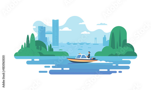 Modern city tour by water taxi: Experience the vibrant skyline and lush landscapes from a unique perspective, perfect for tourism and travel promotions