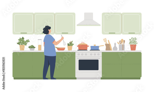 Person cooking a healthy meal in a modern kitchen, preparing food with a whisk, flat design style, ideal for culinary blogs and lifestyle content