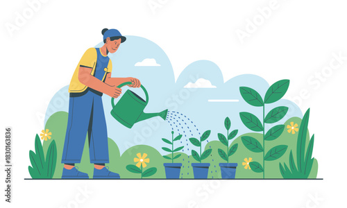 Man tending to his vibrant garden, nurturing new life and growth, enjoying the simple pleasures of nature in a peaceful, sustainable lifestyle concept