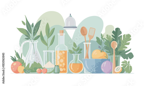Fresh ingredients, healthy cooking concept, vibrant fruits, vegetables, herbs, spices, oils and utensils, perfect for food blogs and culinary designs