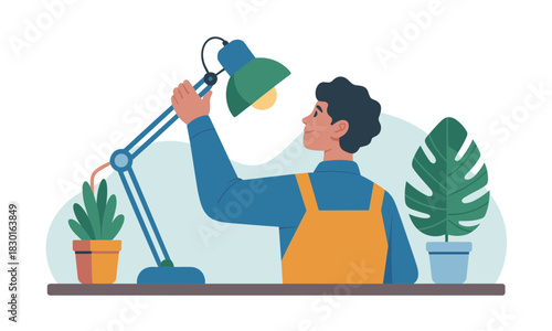 Man Adjusting Lamp for Focused Work at Desk with Plants, Ideal for Home Office or Study Ambience, originally a scalable vector graphic