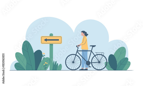 Serene cycling adventure illustration showing a woman with bicycle and signpost, perfect for promoting eco-friendly travel and healthy lifestyle choices