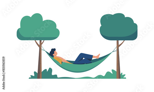 Relaxing outdoors, person in hammock between trees, enjoying summer breeze, peaceful downtime, vacation vibes, carefree lifestyle, serene getaway, nature escape