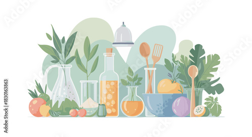 Stylish kitchen still life with fruit, herbs, and cooking utensils for a healthy lifestyle concept, evoking freshness and culinary creativity