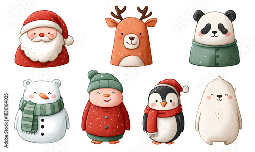 Collection of cute watercolor doodle stickers featuring christmas winter characters like santa, reindeer, snowman, penguin, polar bear