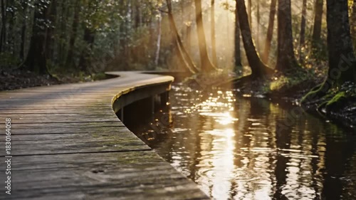 Walking on a Wooden Path Through a Forest with Sunlit Water Stream