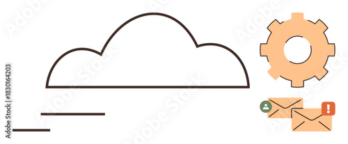 Outline of a cloud, settings gear, and email notifications with user icon and alert. Ideal for cloud computing, backup, collaboration, email services, data sharing updates automation. Minimalist