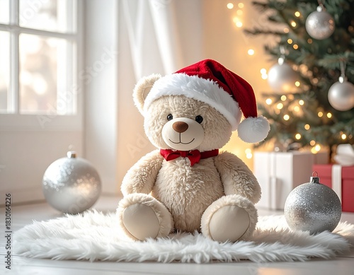 코지한 크리스마스 공간의 산타 모자 테디베어 Santa Hat Teddy Bear in Cozy Christmas Setting
