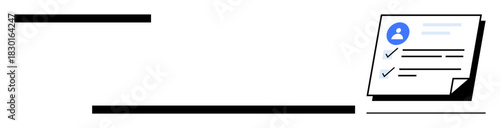 User profile card with avatar, checklist marks, and text lines for data overview and tracking progress. Ideal for task management, recruitment, data entry, organization, planning, resume