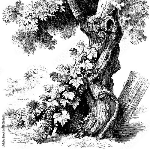 Vintage Engraving Wild Grapevine on Tree, Rustic Botanical Illustration, Detailed Nature Line Art Clipart, Antique Style