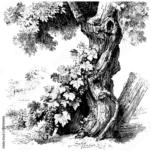 Vintage Engraving Wild Grapevine on Tree, Rustic Botanical Illustration, Detailed Nature Line Art Clipart, Antique Style