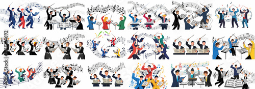 A large collection of diverse orchestra conductors and choir singers performing classic musical pieces with sheet music and batons, set against flowing staves.